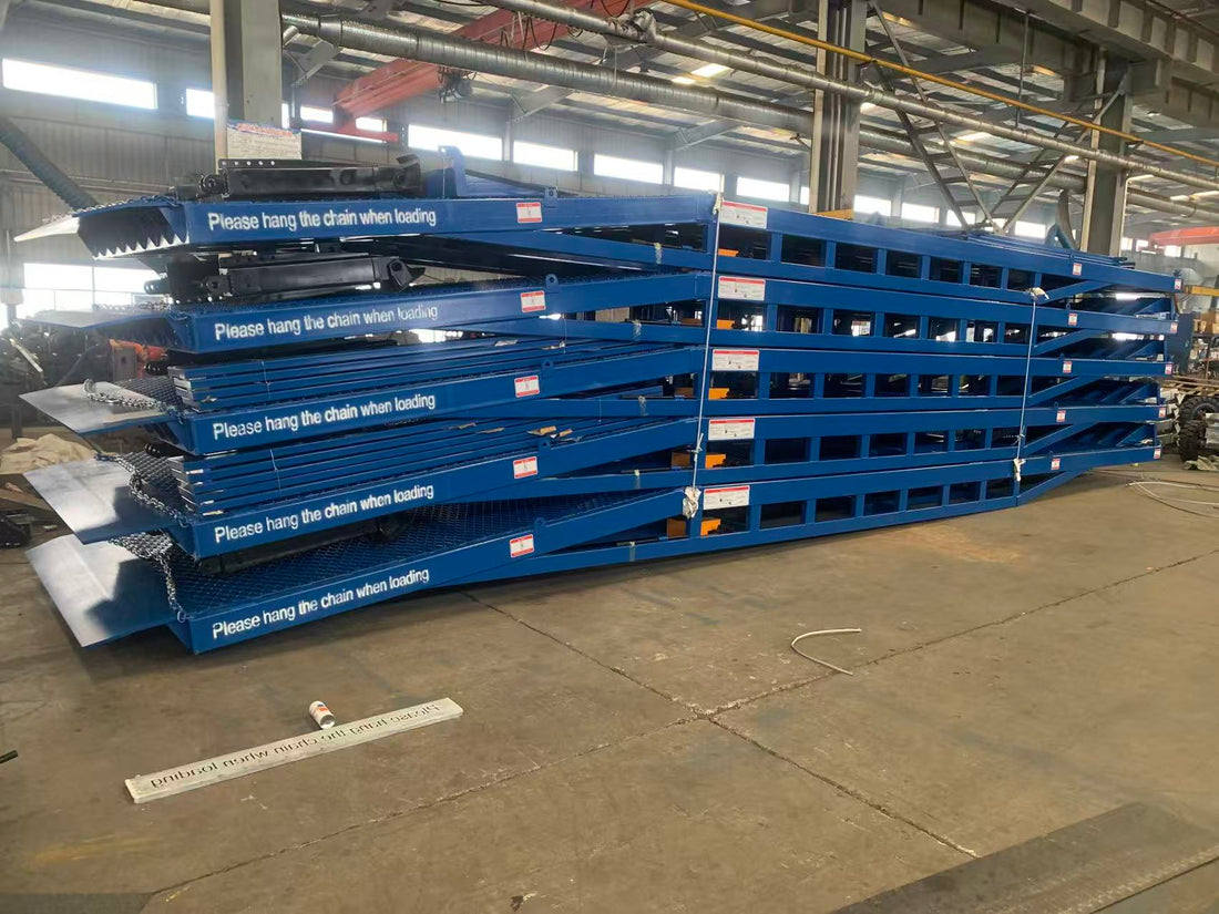 Five 10-ton mobile dock ramps with removable guardrails manufactured by BEACON Industries for a North American customer