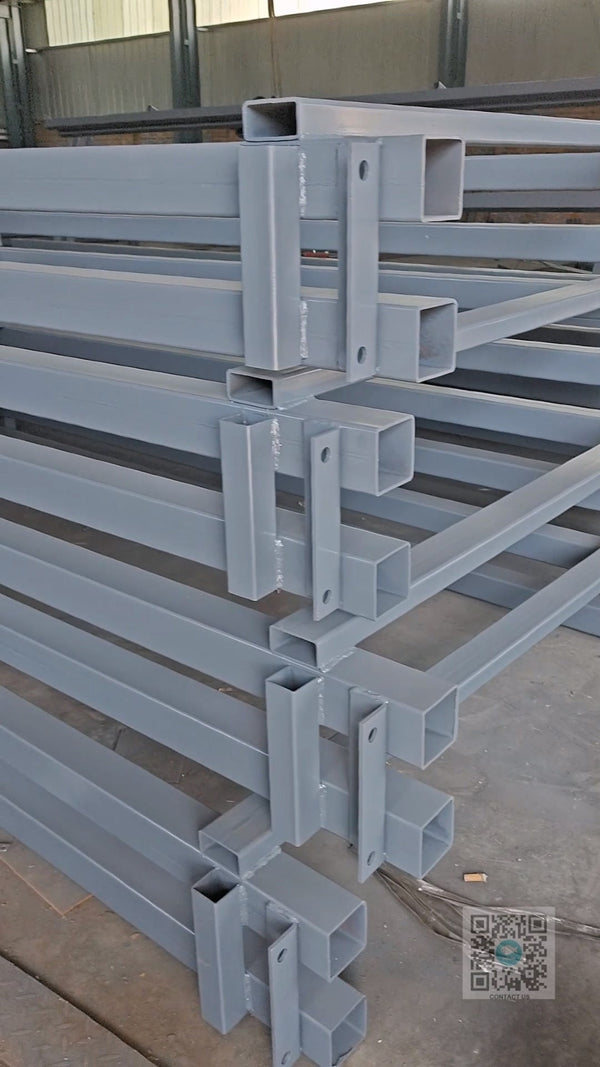Completed guide rails for a 7×3 meter platform guide rail hydraulic lift, ready for packing and shipment