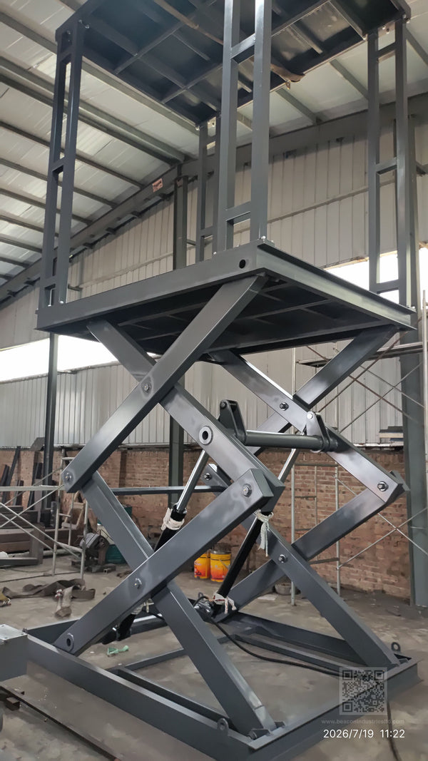 Custom hydraulic scissor lift with 2.8x2.1m platform manufactured by Beacon Industries