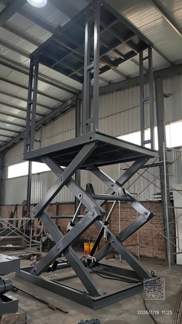 Beacon Industries fixed double-deck hydraulic inspection lift with 2.1×2.8m platform raised to 3m height