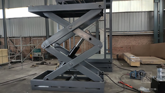 5-ton heavy-duty hydraulic scissor lift with double scissor structure during manufacturing at Beacon Industries