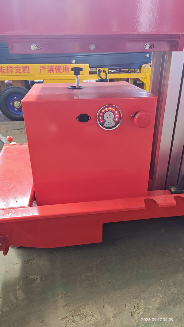 Manual lowering test of an aluminum alloy lifting platform showing the black handle and red valve cover