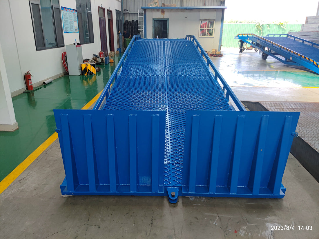 Mobile dock ramp chassis welding stage showing 8 main load-bearing steel beams