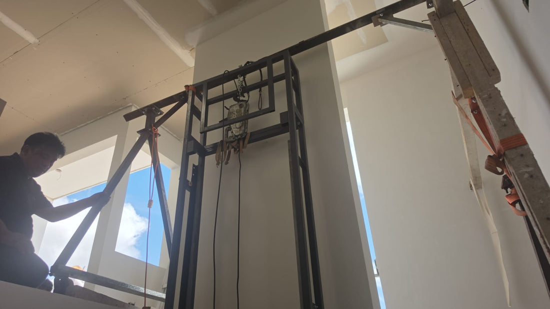 3-stop home lift shaft frame installation, assembling sections floor by floor in a residential building